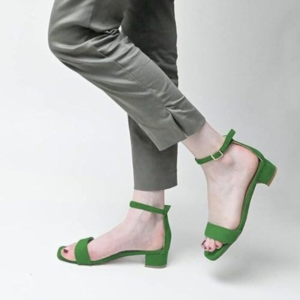 XYD Heels for Women, Open Toe, Ankle Strap, Buckled Low Chunky Block Pumps